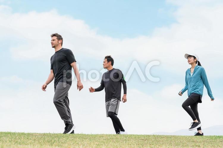 公園で運動・トレーニングする男女 運動,トレーニング,空の写真素材