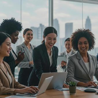 オフィスで働く笑顔のビジネスウーマンの写真