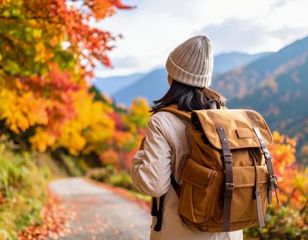 紅葉の山道を歩く登山者 紅葉の山道を歩く登山者の写真