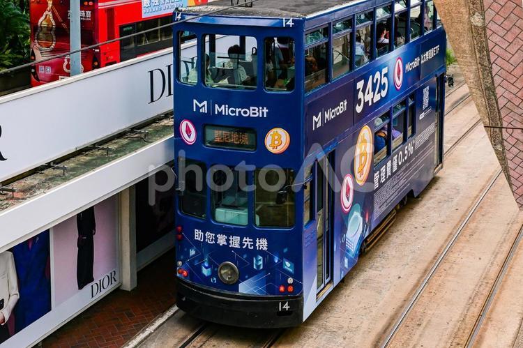 香港・二階建てトラム 香港,トラム,路面電車の写真素材