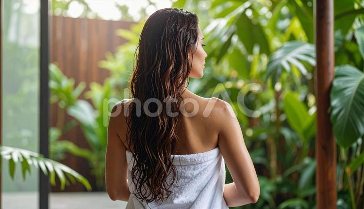 素肌と濡れ髪の透明感 女性,濡れ髪,タオルの写真素材
