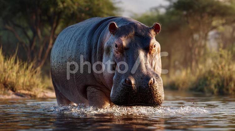 水辺を進む巨大なカバの迫力ある姿 カバ,動物,生き物の写真素材