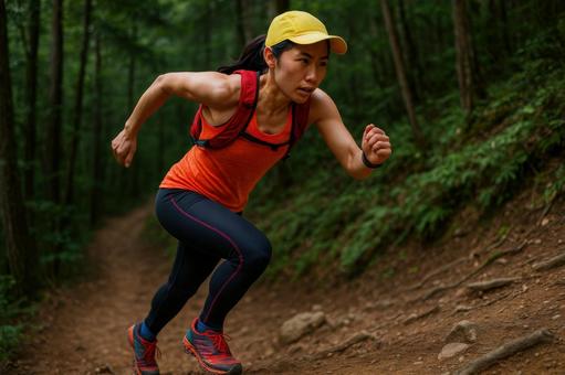 急坂を駆け登る日本人女性ランナー 急坂を駆け登る日本人女性ランナーの写真