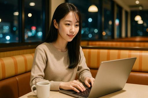 深夜のファミレスでパソコン作業する女性 深夜のファミレスでパソコン作業する女性の写真