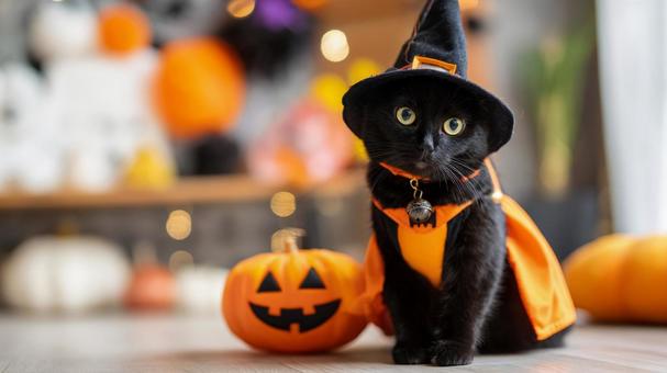 ハロウィン　魔女に扮した黒猫の写真