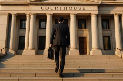裁判所の階段を上がる男性 裁判所の階段を上がる男性の写真