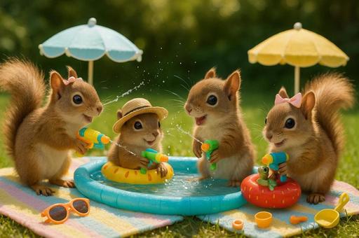 水鉄砲で遊ぶリスたち 水鉄砲で遊ぶリスたちの写真