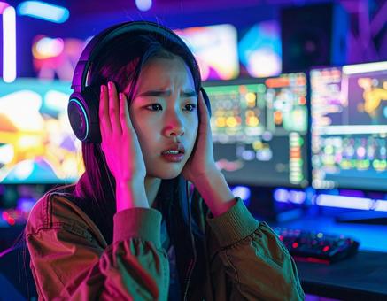 ネオンの中でパニックになる少女 ネオンの中でパニックになる少女の写真