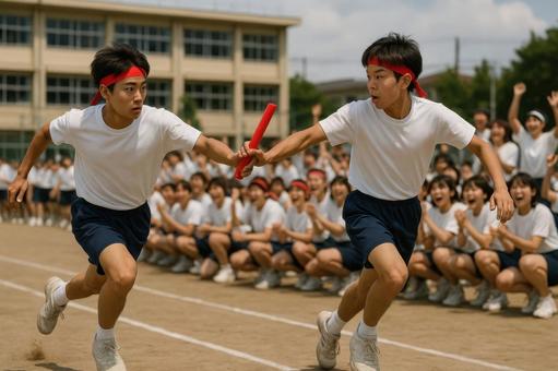 校庭で行われるリレー競技の一場面 校庭で行われるリレー競技の一場面の写真