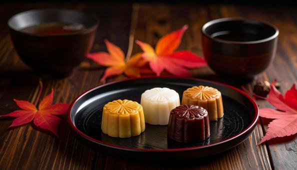 秋の紅葉と和菓子 秋の紅葉と和菓子の写真