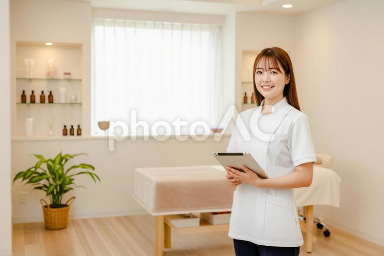 施術室と笑顔の女性 女性,美容,美容スタッフの写真素材