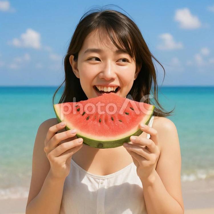 夏の海でスイカを食べる女性 女性,海,スイカの写真素材