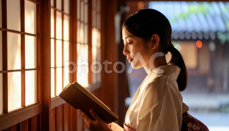 人目を避けて秘文を読む日本人女性02 本,女性,読むの写真素材