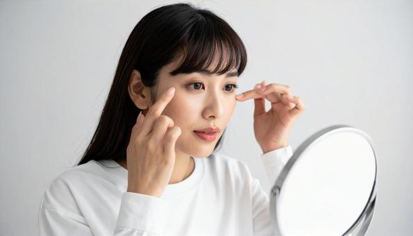 鏡で目元をチェックする女性 鏡で目元をチェックする女性の写真