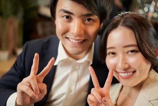 Asian couple making peace signs, JPG Asian couple making peace signs, piece, peace sign, hand, JPG