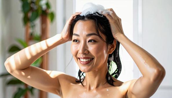 シャンプーで頭皮を洗う女性 シャンプーで頭皮を洗う女性の写真