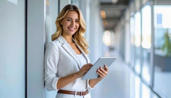 壁際に立ちタブレットを操作する外国人女性 壁際に立ちタブレットを操作する外国人女性の写真