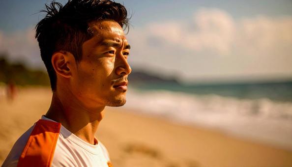 砂浜から海を見つめるライフセーバーの男性 砂浜から海を見つめるライフセーバーの男性の写真