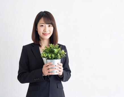 観葉植物を手にするビジネスパーソンの写真