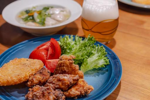 Dinner of fried chicken, gyoza soup and beer, JPG