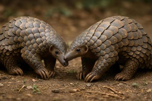絶滅危惧種センザンコウが鼻を寄せ合う瞬間 絶滅危惧種センザンコウが鼻を寄せ合う瞬間の写真