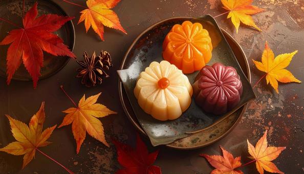 秋の紅葉と和菓子 秋の紅葉と和菓子の写真