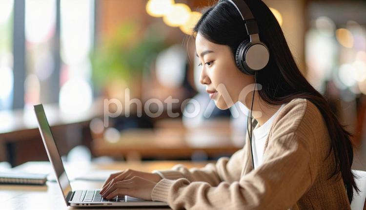 お気に入りの音楽を聴きながら勉強する女性 勉強,ノートパソコン,女性の写真素材
