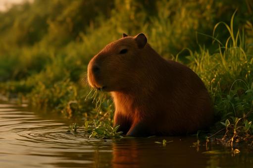 夕映えの川辺カピバラ 夕映えの川辺カピバラの写真