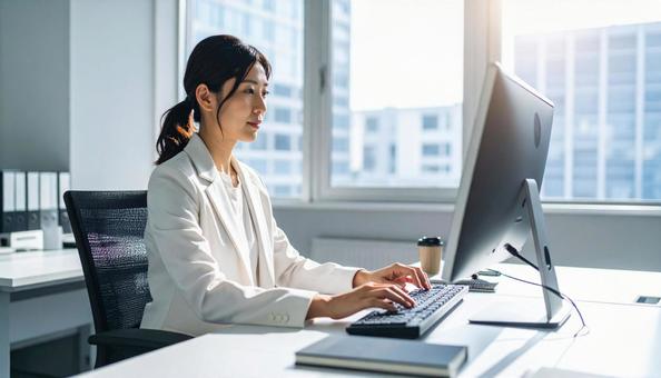 パソコンで仕事する白い服装の女性会社員 パソコンで仕事する白い服装の女性会社員の写真
