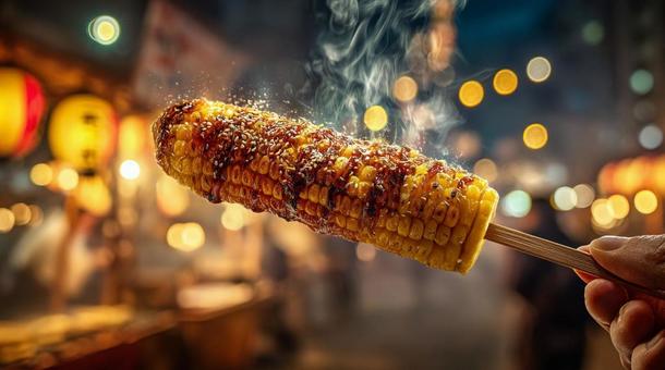 お祭りの夜店の焼きとうもろこし 04 お祭りの夜店の焼きとうもろこし 04の写真