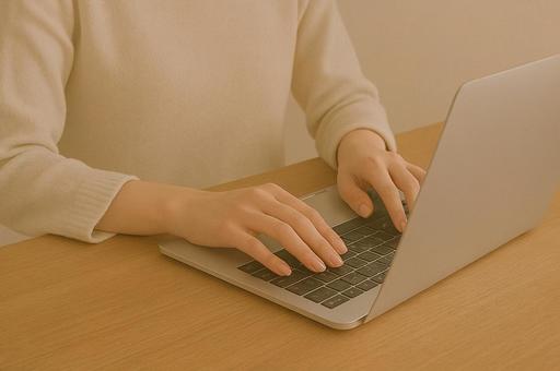 ノートパソコンで作業する女性の手元 ノートパソコンで作業する女性の手元の写真