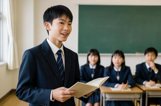 パンフレットに使える教室での高校生男子 パンフレットに使える教室での高校生男子の写真