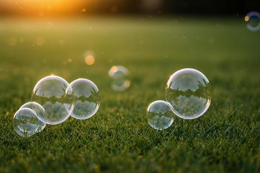 芝生とシャボン玉と夕陽の写真