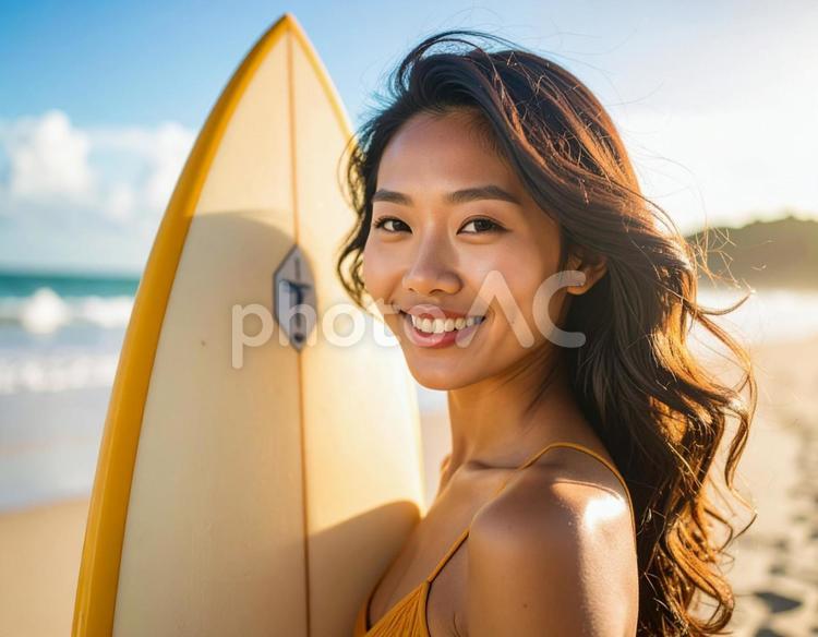 海でサーフボードを持った笑顔の女性 女性,サーフボード,1人の写真素材