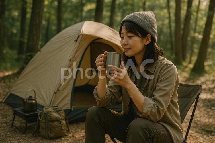 テント前でコーヒーを楽しむ女性 キャンプ,女性,コーヒーの写真素材