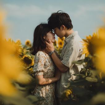 ひまわり畑で抱き合うカップルの写真