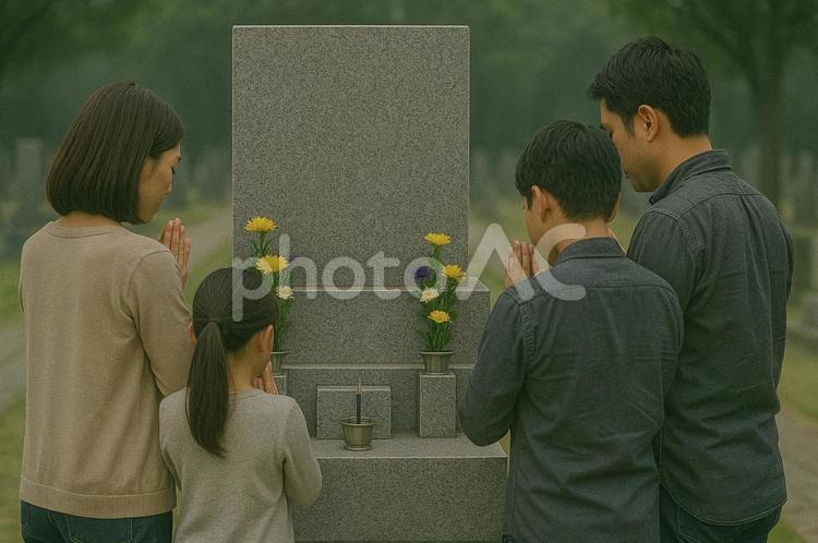墓前で手を合わせる家族 女性,祈り,手を合わせるの写真素材