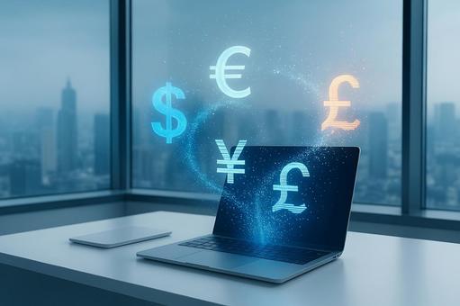 粒子化された通貨記号が描く次世代経済 粒子化された通貨記号が描く次世代経済 通貨記号,ホログラム,粒子の写真素材