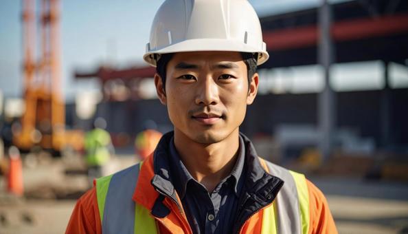 建設現場で働く作業服の若い男性の写真 建設現場で働く作業服の若い男性の写真の写真