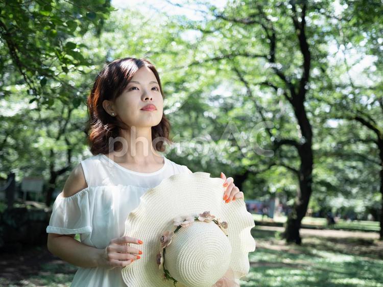 【女性】森の中、ワンピースの女性 ワンピース,白い,白の写真素材