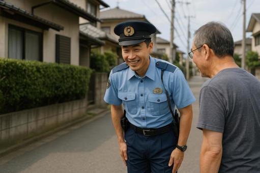 地域住民と挨拶する警察官 地域住民と挨拶する警察官の写真