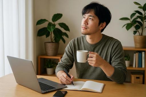 コーヒー片手に企画を考える男性 コーヒー片手に企画を考える男性の写真