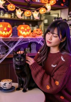 ハロウィンの猫カフェで黒猫を撫でる女性 ハロウィンの猫カフェで黒猫を撫でる女性の写真
