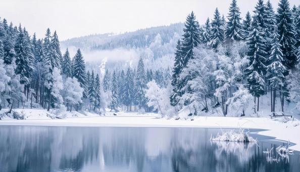 冬の湖　森林の写真