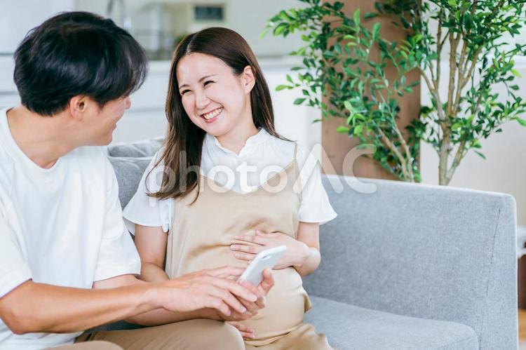 スマホを見る妊婦と男性 妊婦,妊娠,夫婦の写真素材