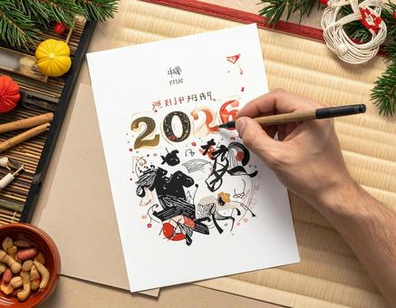 年賀状を書く手元(2026年) 年賀状を書く手元(2026年)の写真
