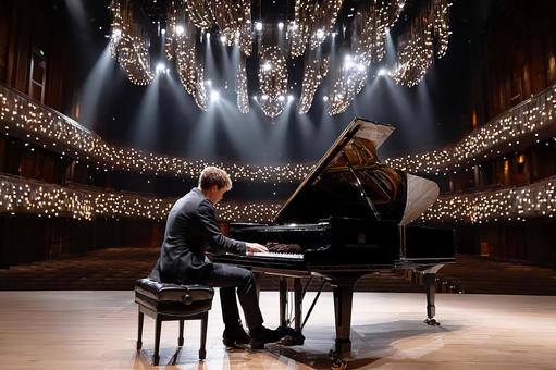 The sound of the piano echoing in the silence, piano, male, concert hall, JPG