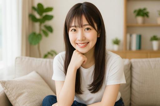 リラックスした表情のロングヘア女性 リラックスした表情のロングヘア女性の写真