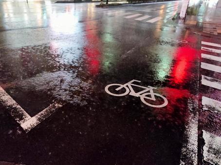 雨に濡れる夜の自転車レーン 雨に濡れる夜の自転車レーンの写真