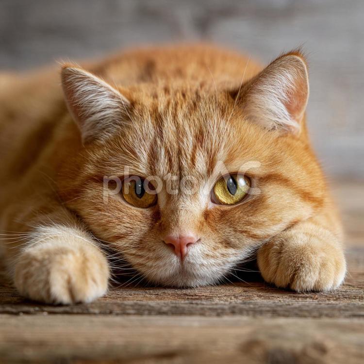 寝転がってこちらを見つめる猫 猫,チャトラ,茶色の写真素材